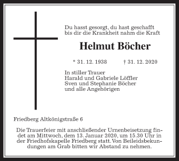 Traueranzeige von Helmut Böcher von Wetterauer Zeitung