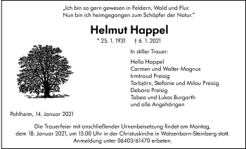 Traueranzeige von Helmut Happel von Giessener Allgemeine, Alsfelder Allgemeine