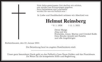 Traueranzeige von Helmut Reinsberg von Giessener Allgemeine, Alsfelder Allgemeine