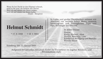 Traueranzeige von Helmut Schmidt von Alsfelder Allgemeine