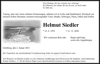 Traueranzeige von Helmut Siedler von Giessener Allgemeine, Alsfelder Allgemeine