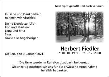 Traueranzeige von Herbert Fiedler von Giessener Allgemeine, Alsfelder Allgemeine