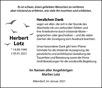 Traueranzeige von Herbert Lotz von Giessener Allgemeine, Alsfelder Allgemeine
