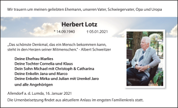 Traueranzeige von Herbert Lotz von Giessener Allgemeine, Alsfelder Allgemeine