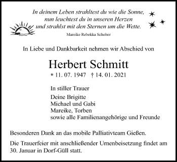 Traueranzeige von Herbert Schmitt von Giessener Allgemeine, Alsfelder Allgemeine