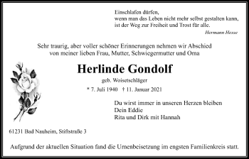 Traueranzeige von Herlinde Gondolf von Wetterauer Zeitung