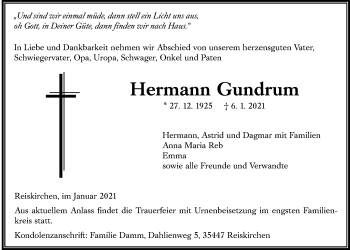 Traueranzeige von Hermann Gundrum von Giessener Allgemeine, Alsfelder Allgemeine