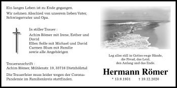 Traueranzeige von Hermann Römer von Giessener Allgemeine, Alsfelder Allgemeine