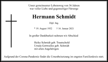 Traueranzeige von Hermann Schmidt von Wetterauer Zeitung