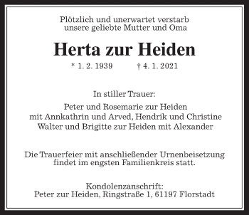Traueranzeige von Herta zur Heiden von Wetterauer Zeitung