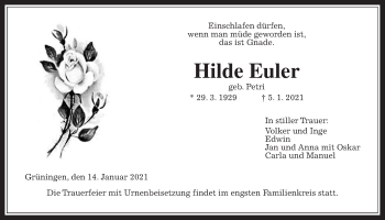 Traueranzeige von Hilde Euler von Pohlheimer Nachrichten