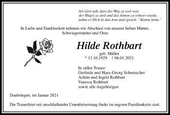 Traueranzeige von Hilde Rothbart von Giessener Allgemeine, Alsfelder Allgemeine