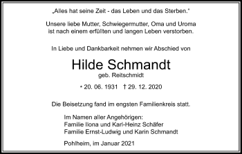 Traueranzeige von Hilde Schmandt von Giessener Allgemeine, Alsfelder Allgemeine