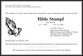 Traueranzeige von Hilde Stumpf von Giessener Allgemeine, Alsfelder Allgemeine