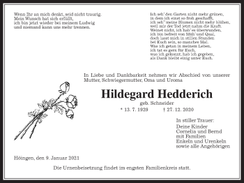 Traueranzeige von Hildegard Hedderich von Alsfelder Allgemeine