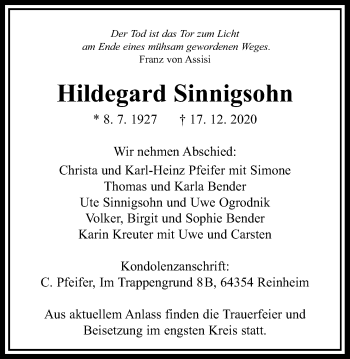 Traueranzeige von Hildegard Sinnigsohn von Giessener Allgemeine, Alsfelder Allgemeine