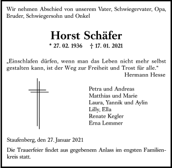 Traueranzeige von Horst Schäfer von Giessener Allgemeine, Alsfelder Allgemeine