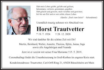 Traueranzeige von Horst Trautvetter von Wetterauer Zeitung