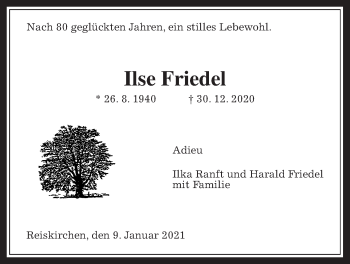 Traueranzeige von Ilse Friedel von Giessener Allgemeine, Alsfelder Allgemeine