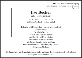 Traueranzeige von Ilse Hoerschelmann von Bad Vilbel/Karben
