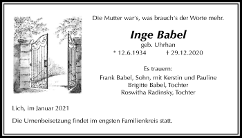 Traueranzeige von Inge Babel von Licher Wochenblatt