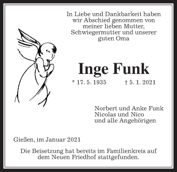 Traueranzeige von Inge Funk von Giessener Allgemeine, Alsfelder Allgemeine
