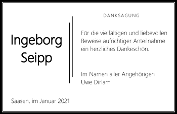 Traueranzeige von Ingeborg Seipp von Giessener Allgemeine, Alsfelder Allgemeine