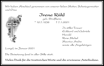 Traueranzeige von Irene Rühl von Licher Wochenblatt