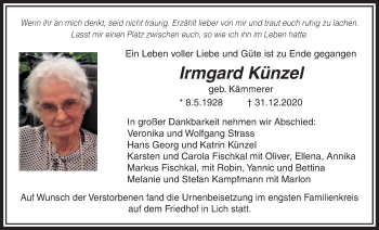 Traueranzeige von Irmgard Künzel von Licher Wochenblatt