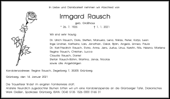 Traueranzeige von Irmgard Rausch von Heimatzeitung Grünberg + Laubach