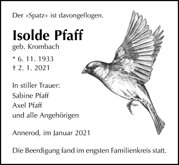 Traueranzeige von Isolde Pfaff von Giessener Allgemeine, Alsfelder Allgemeine