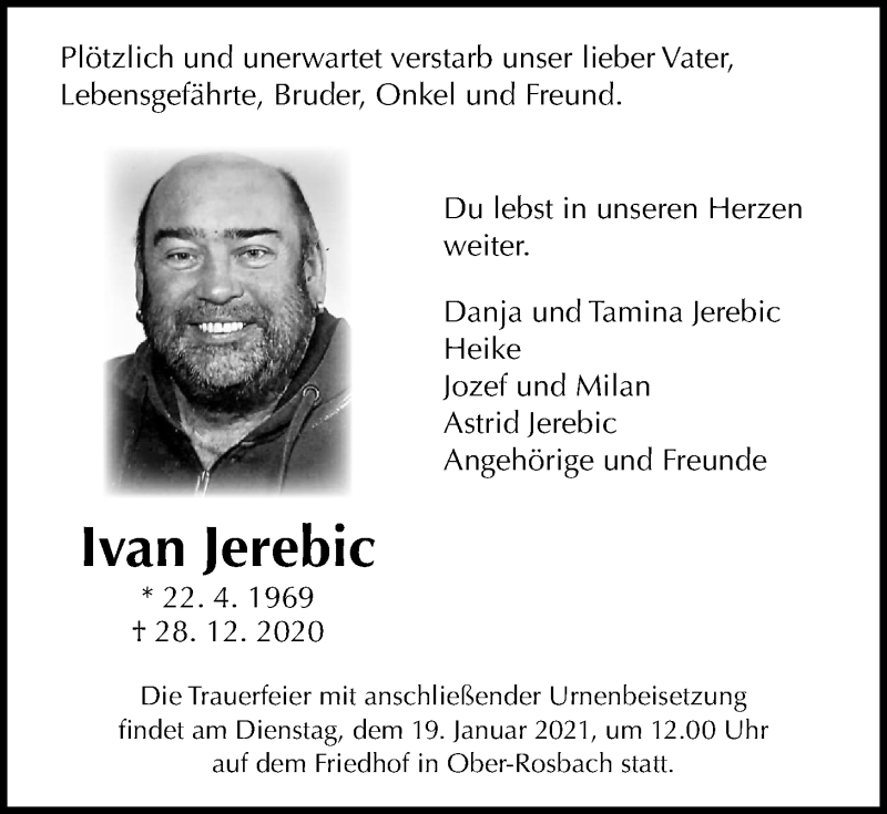  Traueranzeige für Ivan Jerebic vom 11.01.2021 aus Wetterauer Zeitung