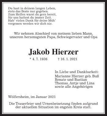 Traueranzeige von Jakob Hierzer von Wetterauer Zeitung