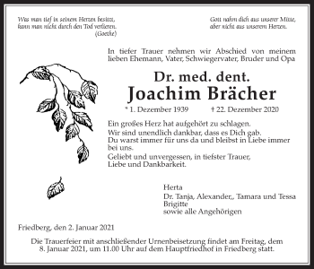 Traueranzeige von Joachim Brächer von Wetterauer Zeitung