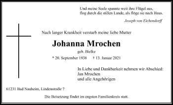 Traueranzeige von Johanna Mrochen von Wetterauer Zeitung