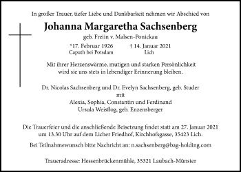 Traueranzeige von Johanna Margaretha Sachsenberg von Licher Wochenblatt