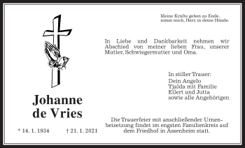 Traueranzeige von Johanne de Vries von Wetterauer Zeitung
