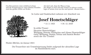 Traueranzeige von Josef Honetschläger von Wetterauer Zeitung