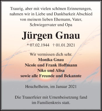 Traueranzeige von Jürgen Gnau von Giessener Allgemeine, Alsfelder Allgemeine
