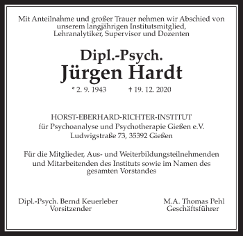 Traueranzeige von Jürgen Hardt von Giessener Allgemeine, Alsfelder Allgemeine