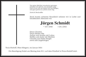 Traueranzeige von Jürgen Schmidt von Giessener Allgemeine, Alsfelder Allgemeine