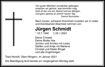 Traueranzeige von Jürgen Schmidt von Licher Wochenblatt