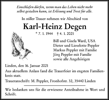 Traueranzeige von Karl-Heinz Degen von Giessener Allgemeine, Alsfelder Allgemeine