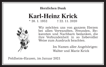 Traueranzeige von Karl-Heinz Krick von Giessener Allgemeine, Alsfelder Allgemeine