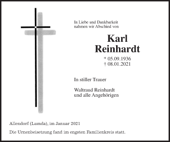 Traueranzeige von Karl Reinhardt von Giessener Allgemeine, Alsfelder Allgemeine