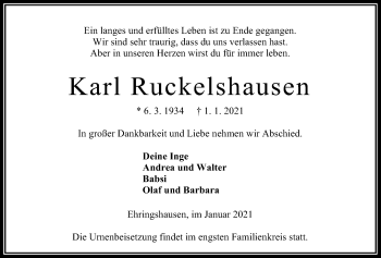 Traueranzeige von Karl Ruckelshausen von Alsfelder Allgemeine