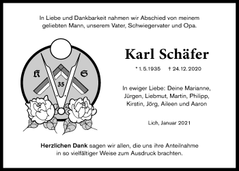 Traueranzeige von Karl Schäfer von Licher Wochenblatt