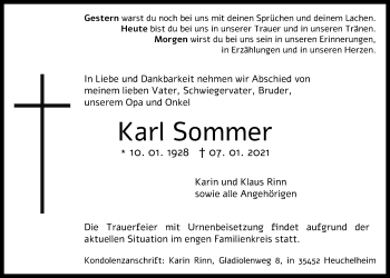 Traueranzeige von Karl Sommer von Giessener Allgemeine, Alsfelder Allgemeine