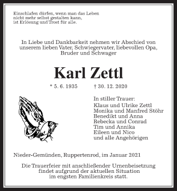 Traueranzeige von Karl Zettl von Giessener Allgemeine, Alsfelder Allgemeine