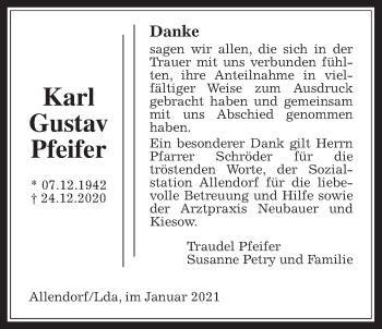 Traueranzeige von Karl Gustav Pfeifer von Allendorfer Mitteilungen, Rabenauer Zeitung